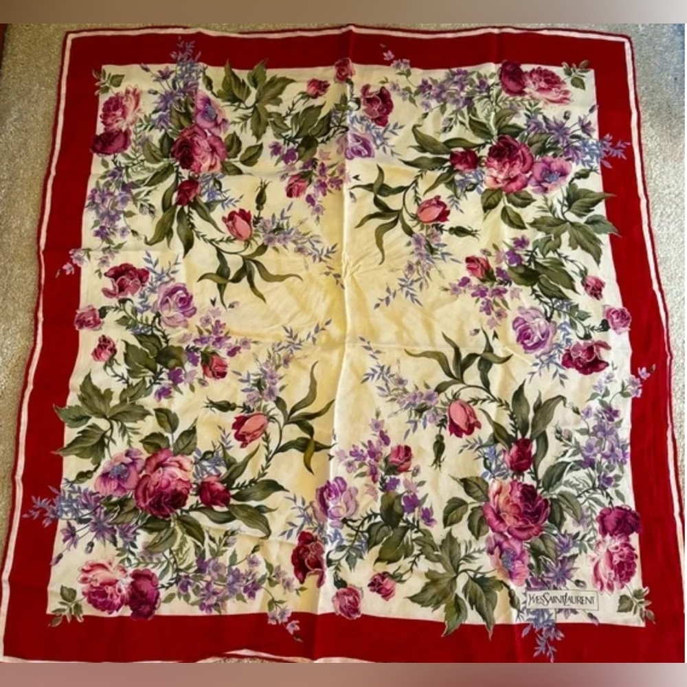 Yves Saint Laurent Vintage Floral Silk Scarf with Roses (Multi) - EUC